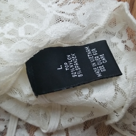 (L) Iz Byer Off White Lace Loose Fit Flowy Sheer Top Nylon Blend Elastic Waist - Picture 7 of 9